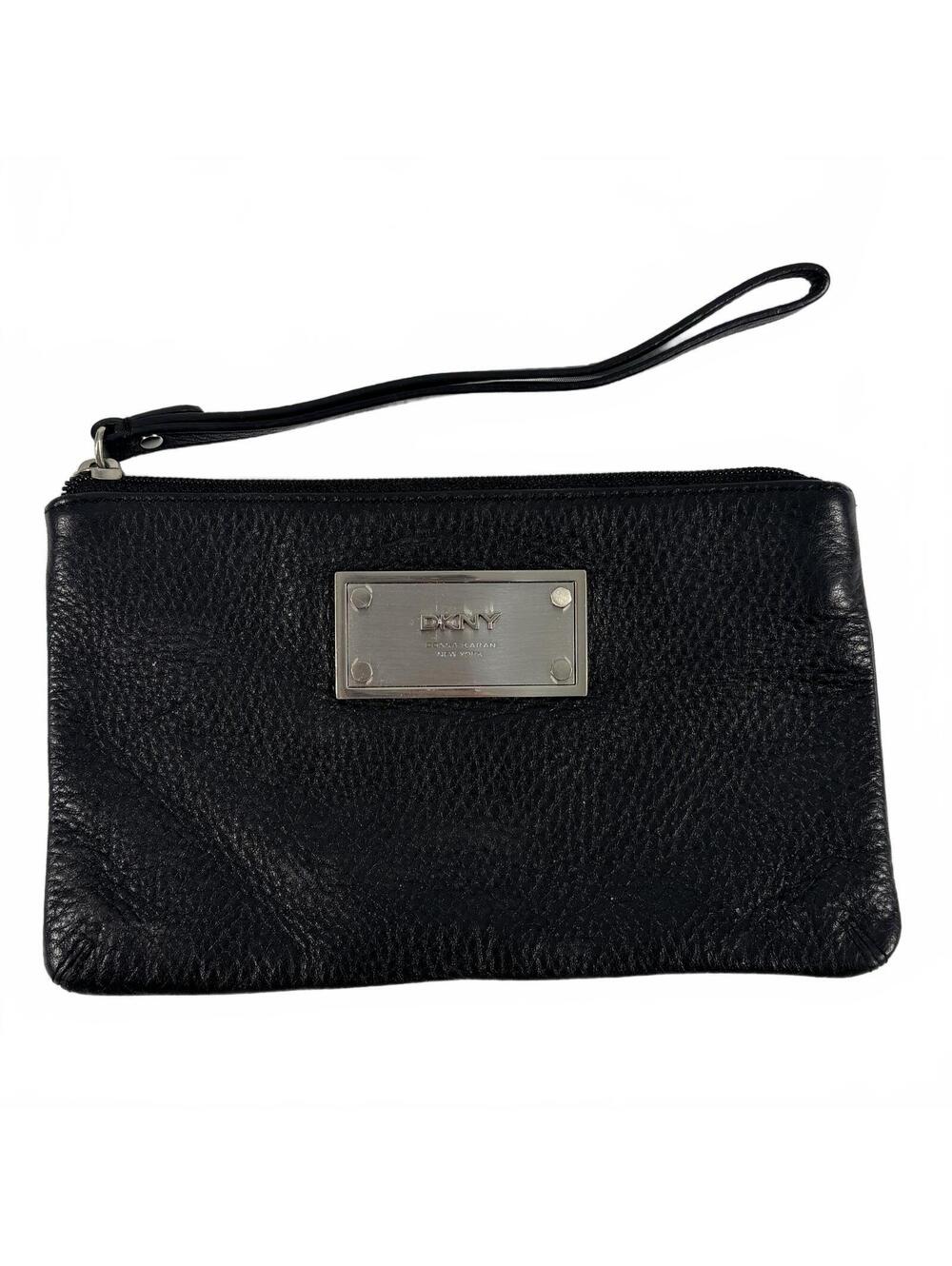 DKNY Black Leather Wristlet with Zipper Top